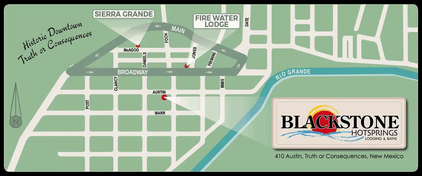 Illustrated map of downtown Truth or Consequences showing Blackstone Hotsprings on Austin Street, a block off Broadway between Foch and Marr